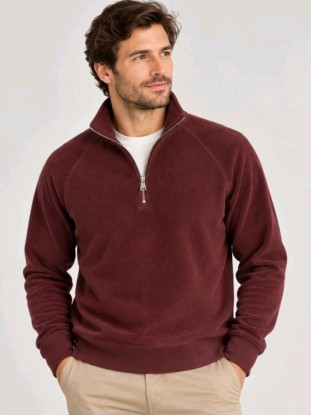 Octobre Editions Mens Burgundy 1/4 Zip Pullover Fleece Mock Neck Sweater - Large